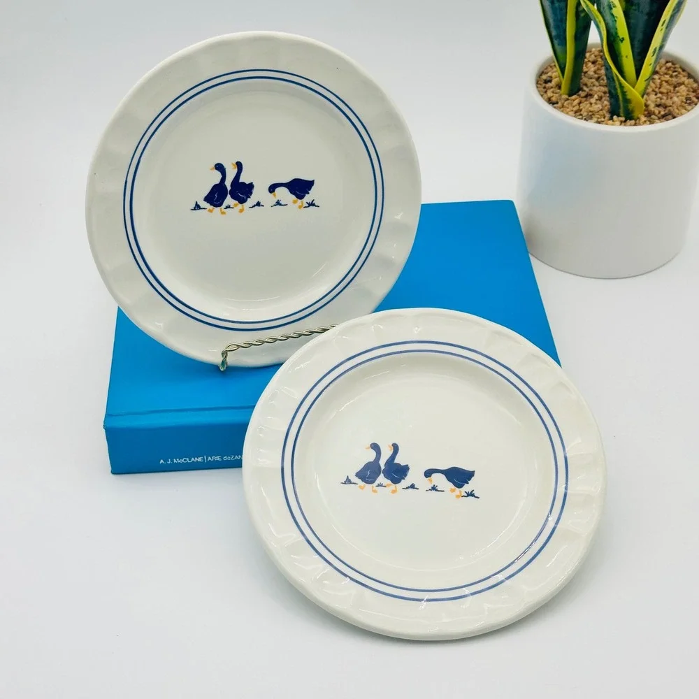Vintage Ceramica Castellamare Italy Blue Country Goose Appetizer Plates Set of 2